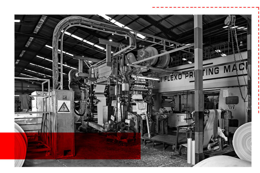 Industrial factory image showcasing polywoven bag flexo printing and manufacturing at Wang On Fibres
